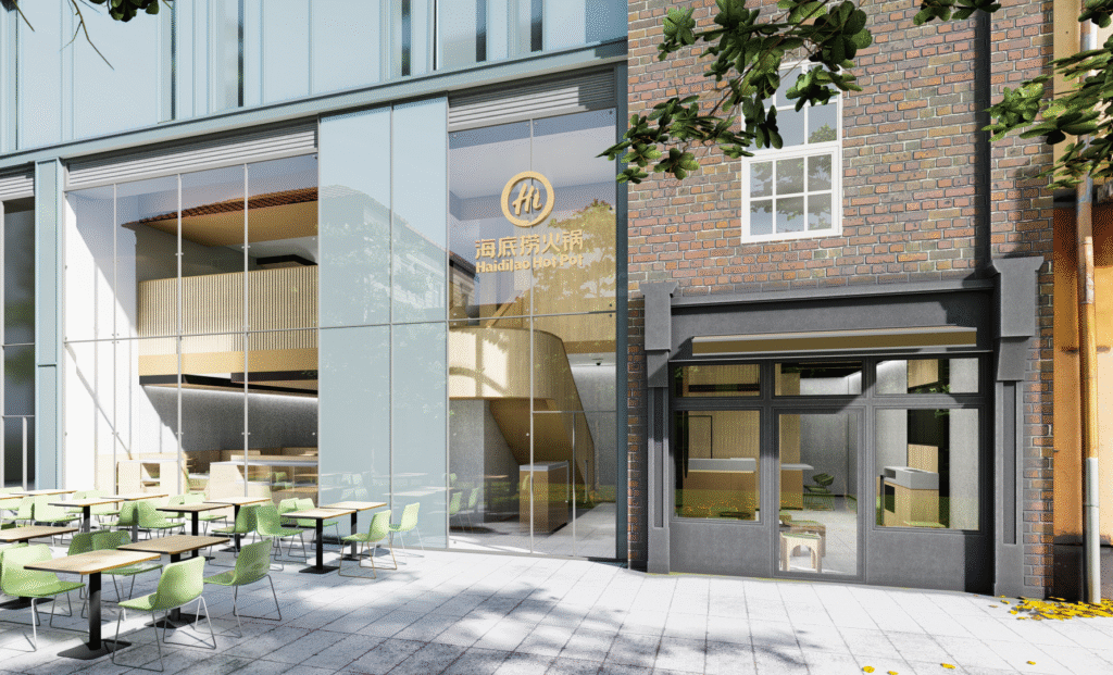 Exterior view of Haidilao Hot Pot Liverpool with full-height glazing and branded signage – architectural frontage delivered by FITTRO.